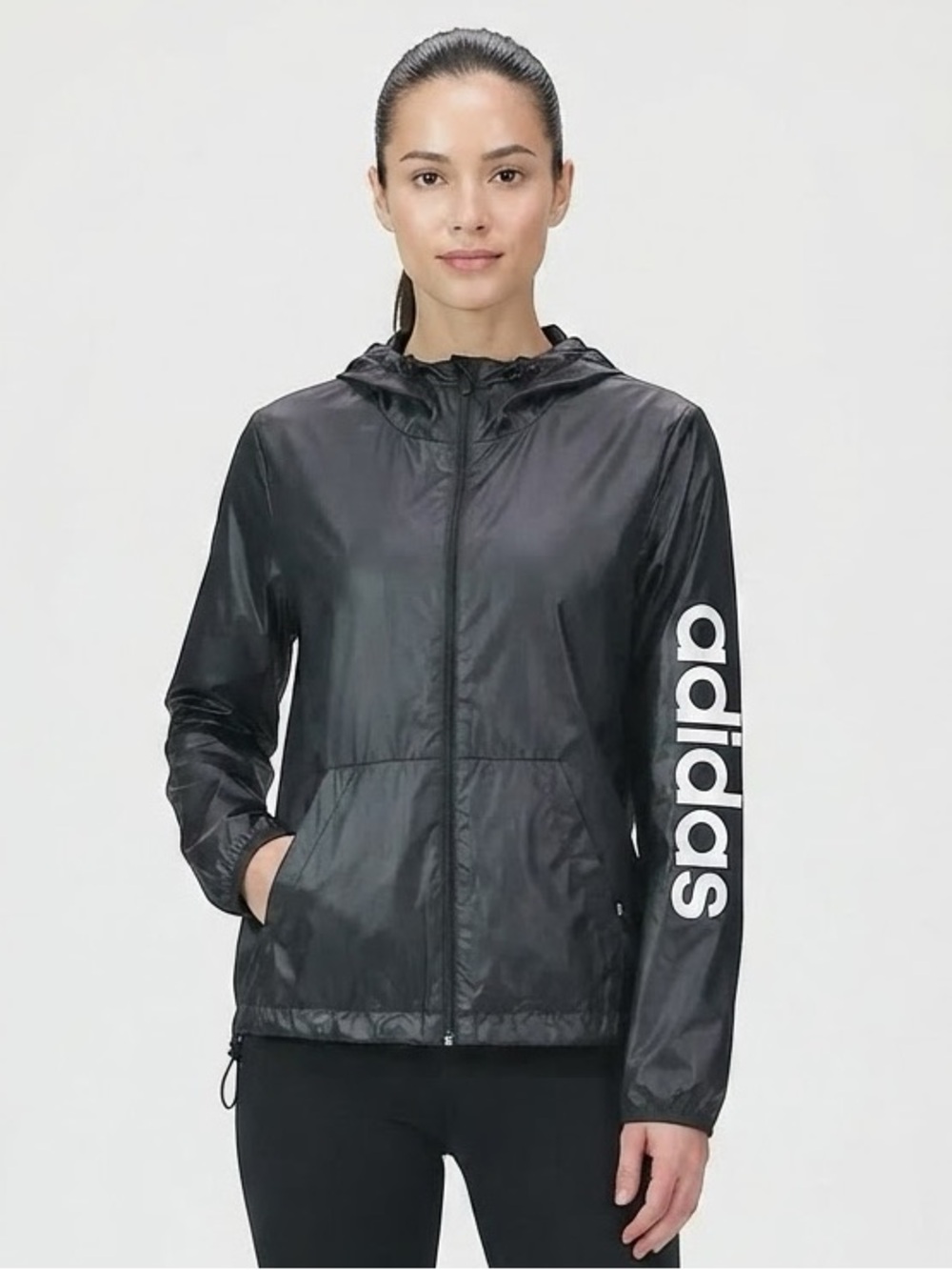 Adidas black hooded windbreaker jacket
